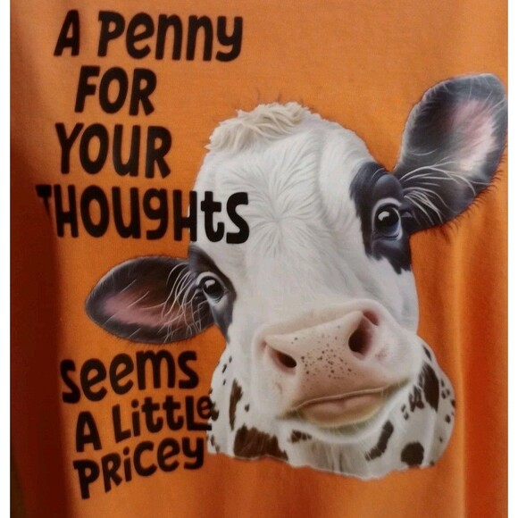 Funny Cow Orange SS Graphic T-Shirt Sz XL "A Penny For Your thoughts..." Women's - Picture 2 of 6